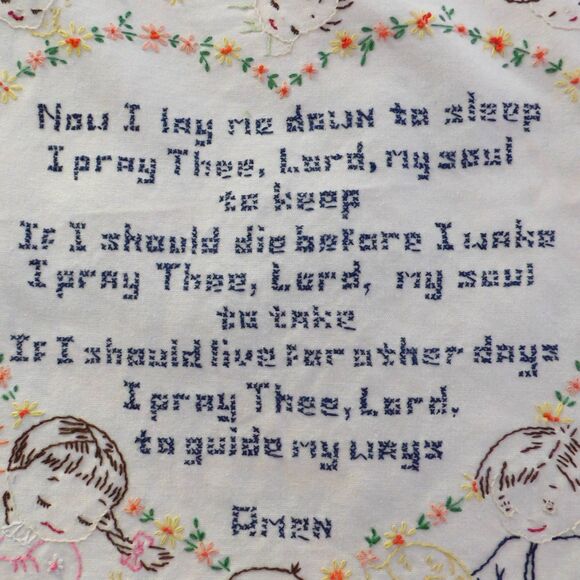 Vintage Needlepoint Sampler of Childs Prayer Large 17.5" x21" Now I lay me down - Picture 2 of 8